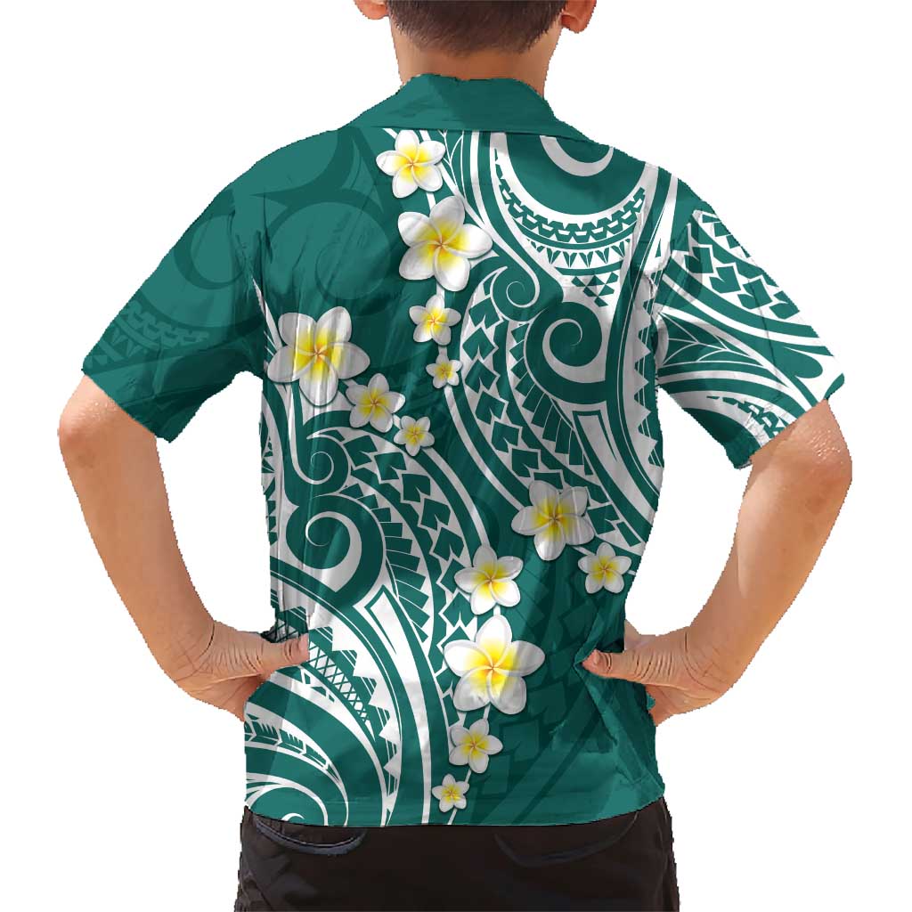 Plumeria With Teal Polynesian Tattoo Pattern Family Matching Short Sleeve Bodycon Dress and Hawaiian Shirt