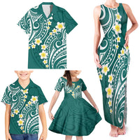 Plumeria With Teal Polynesian Tattoo Pattern Family Matching Tank Maxi Dress and Hawaiian Shirt