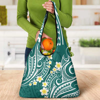 Plumeria With Teal Polynesian Tattoo Pattern Grocery Bag