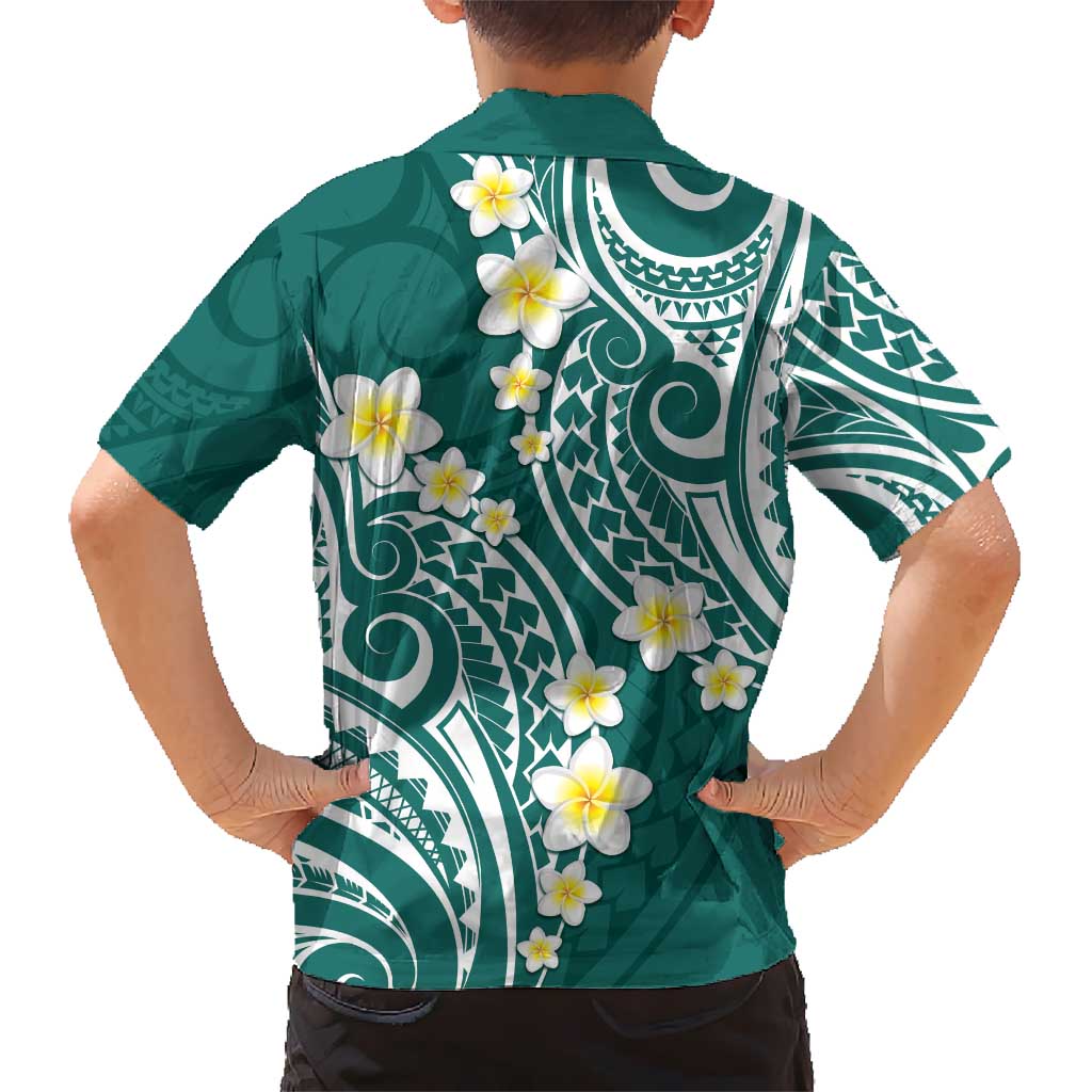 Plumeria With Teal Polynesian Tattoo Pattern Kid Hawaiian Shirt