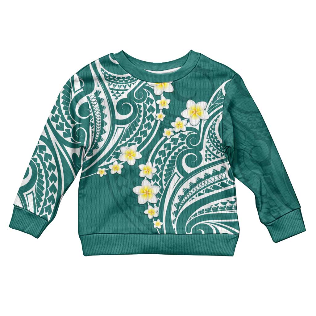 Plumeria With Teal Polynesian Tattoo Pattern Kid Ugly Christmas Sweater