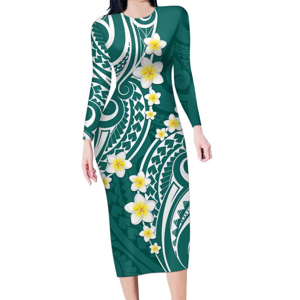 Plumeria With Teal Polynesian Tattoo Pattern Long Sleeve Bodycon Dress LT05 Long Dress Teal - Polynesian Pride