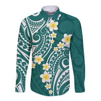 Plumeria With Teal Polynesian Tattoo Pattern Long Sleeve Button Shirt LT05 Unisex Teal - Polynesian Pride