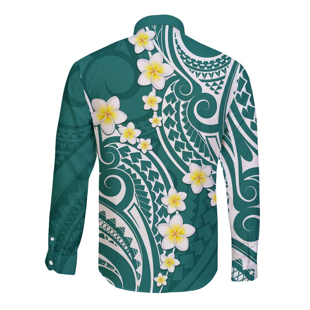 Plumeria With Teal Polynesian Tattoo Pattern Long Sleeve Button Shirt LT05 - Polynesian Pride