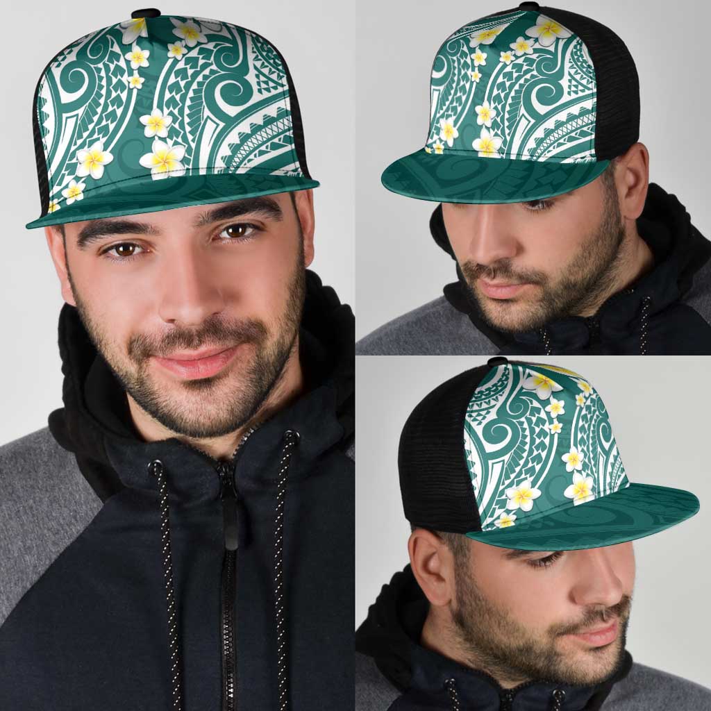 Plumeria With Teal Polynesian Tattoo Pattern Mesh Trucker Cap - Polynesian Pride