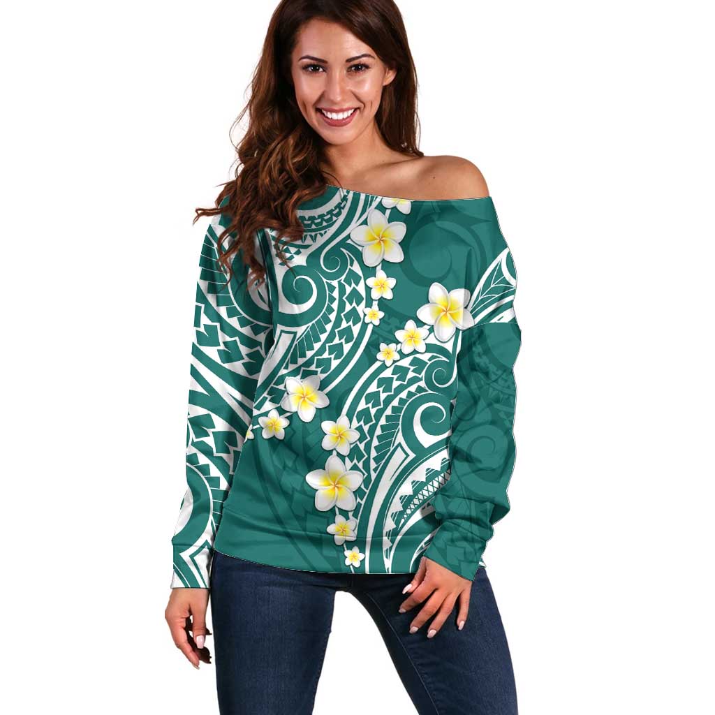 Plumeria With Teal Polynesian Tattoo Pattern Off Shoulder Sweater LT05 Women Teal - Polynesian Pride