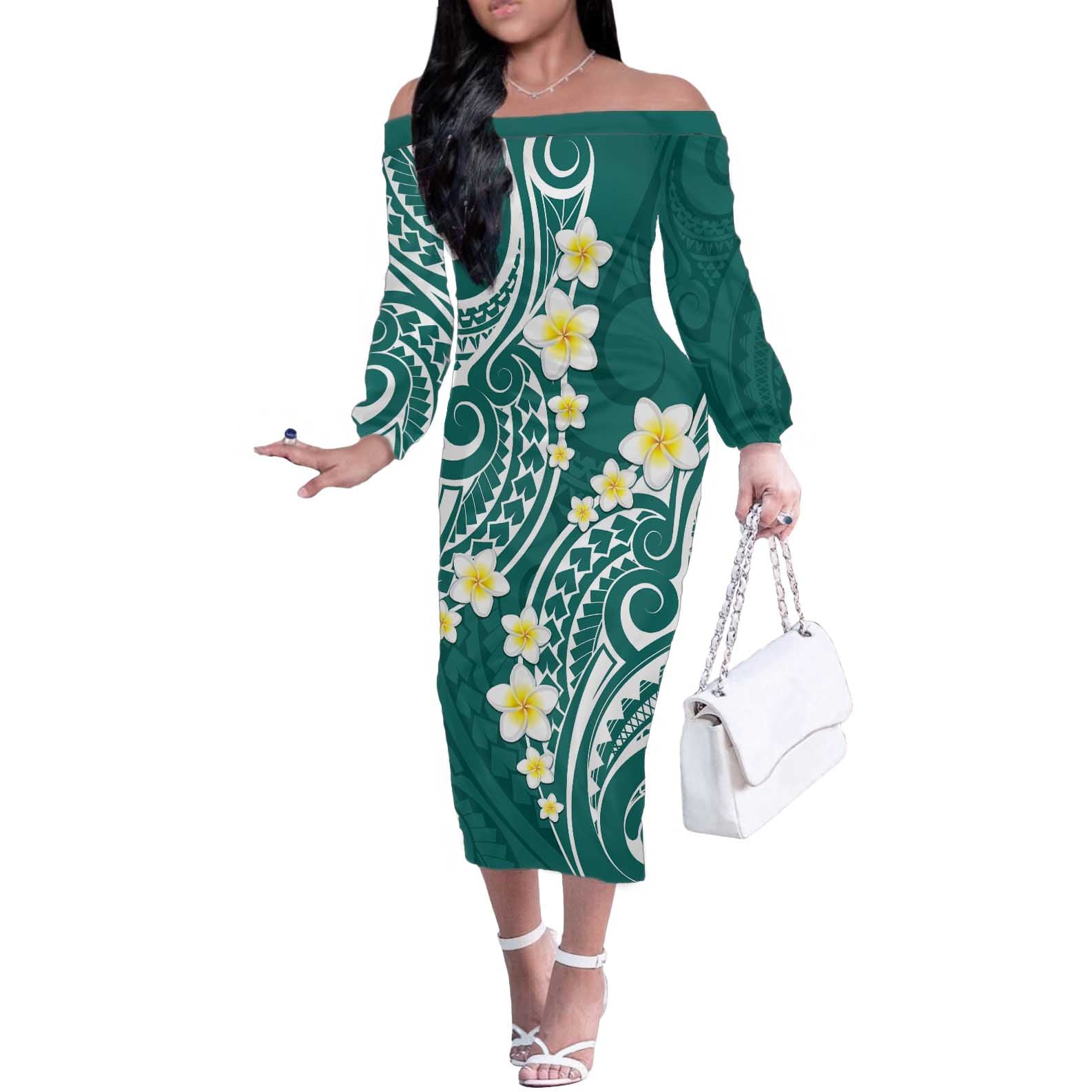 Plumeria With Teal Polynesian Tattoo Pattern Off The Shoulder Long Sleeve Dress LT05 Women Teal - Polynesian Pride