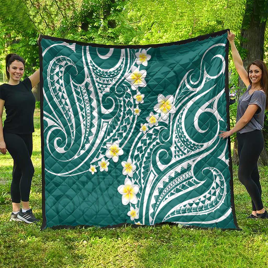 Plumeria With Teal Polynesian Tattoo Pattern Quilt