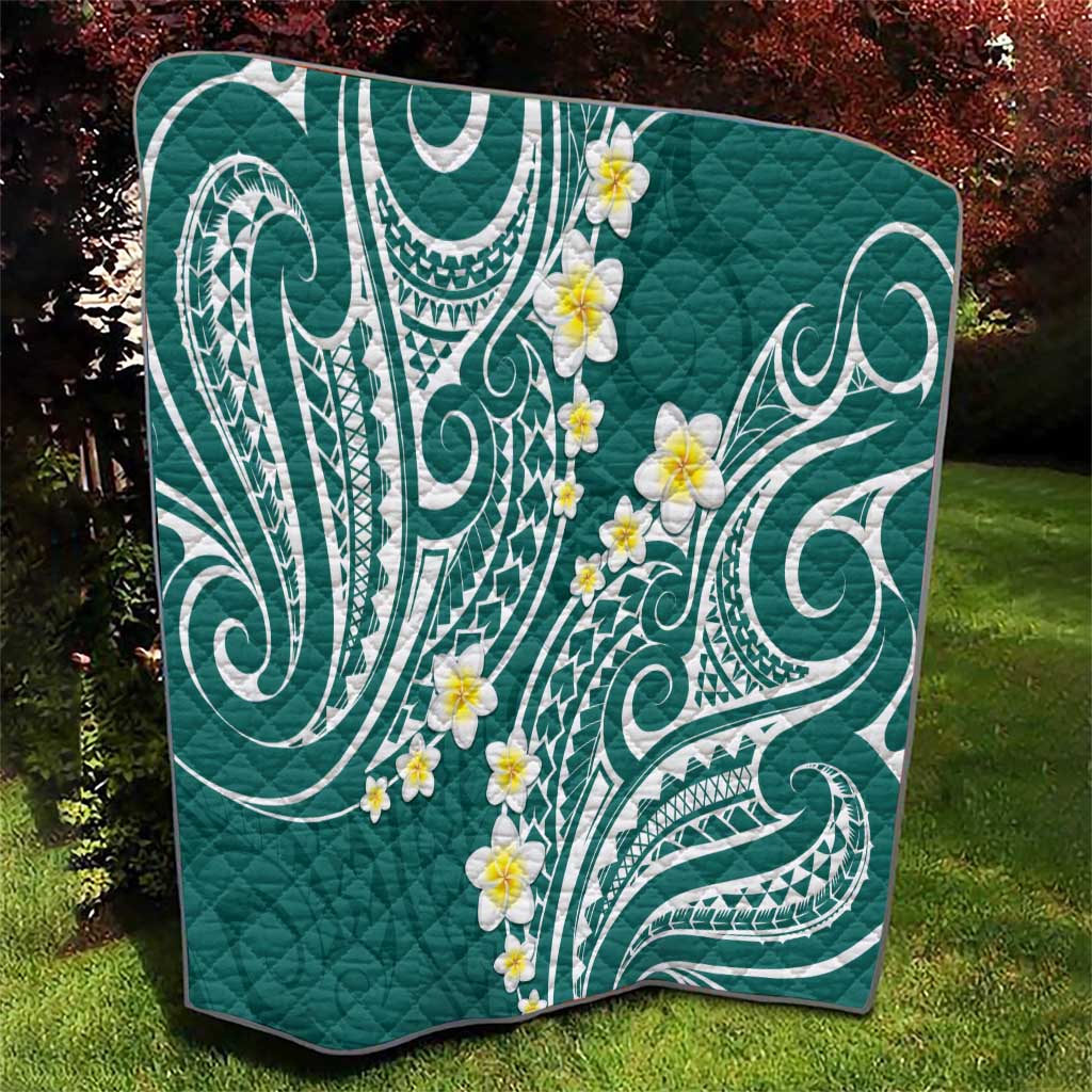 Plumeria With Teal Polynesian Tattoo Pattern Quilt