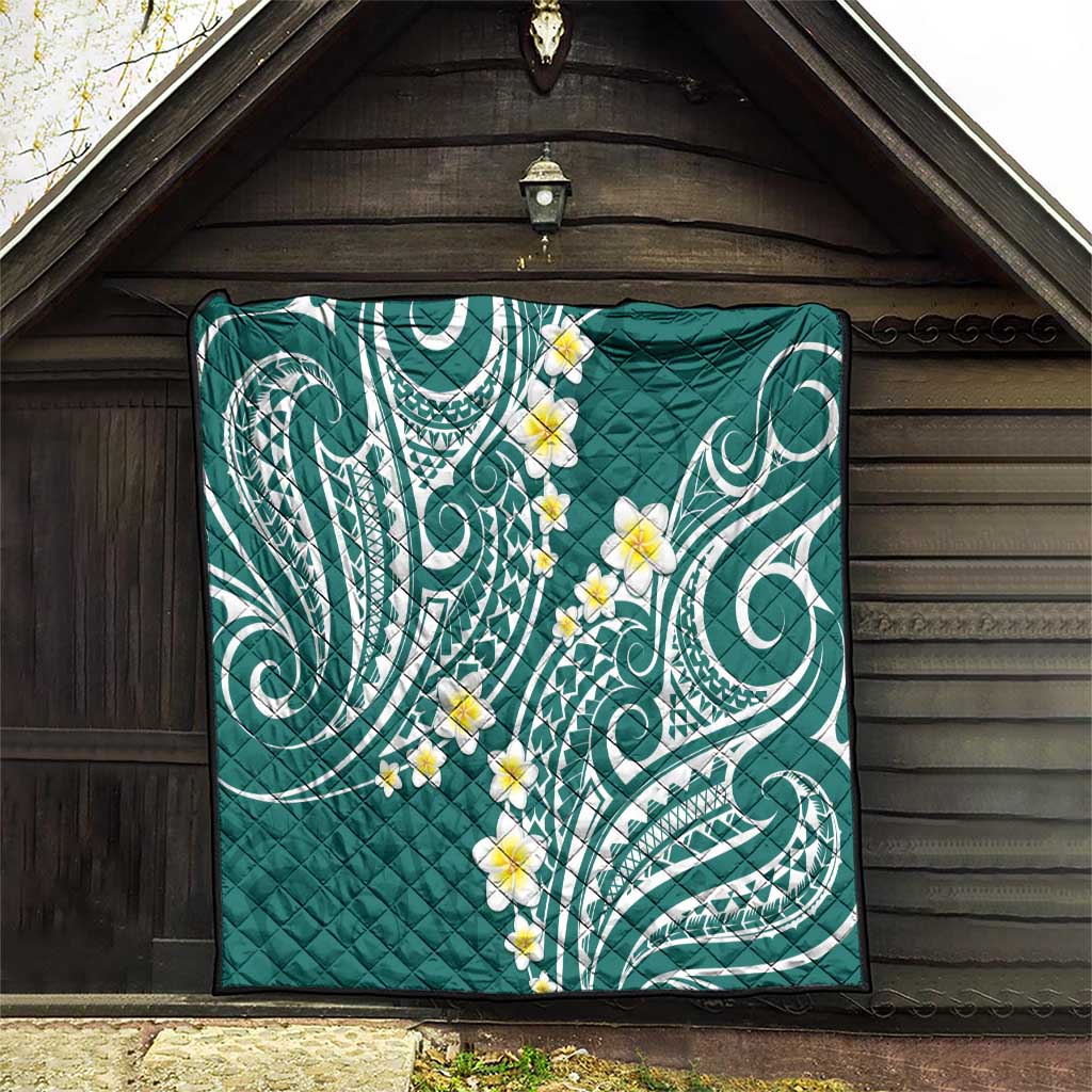 Plumeria With Teal Polynesian Tattoo Pattern Quilt