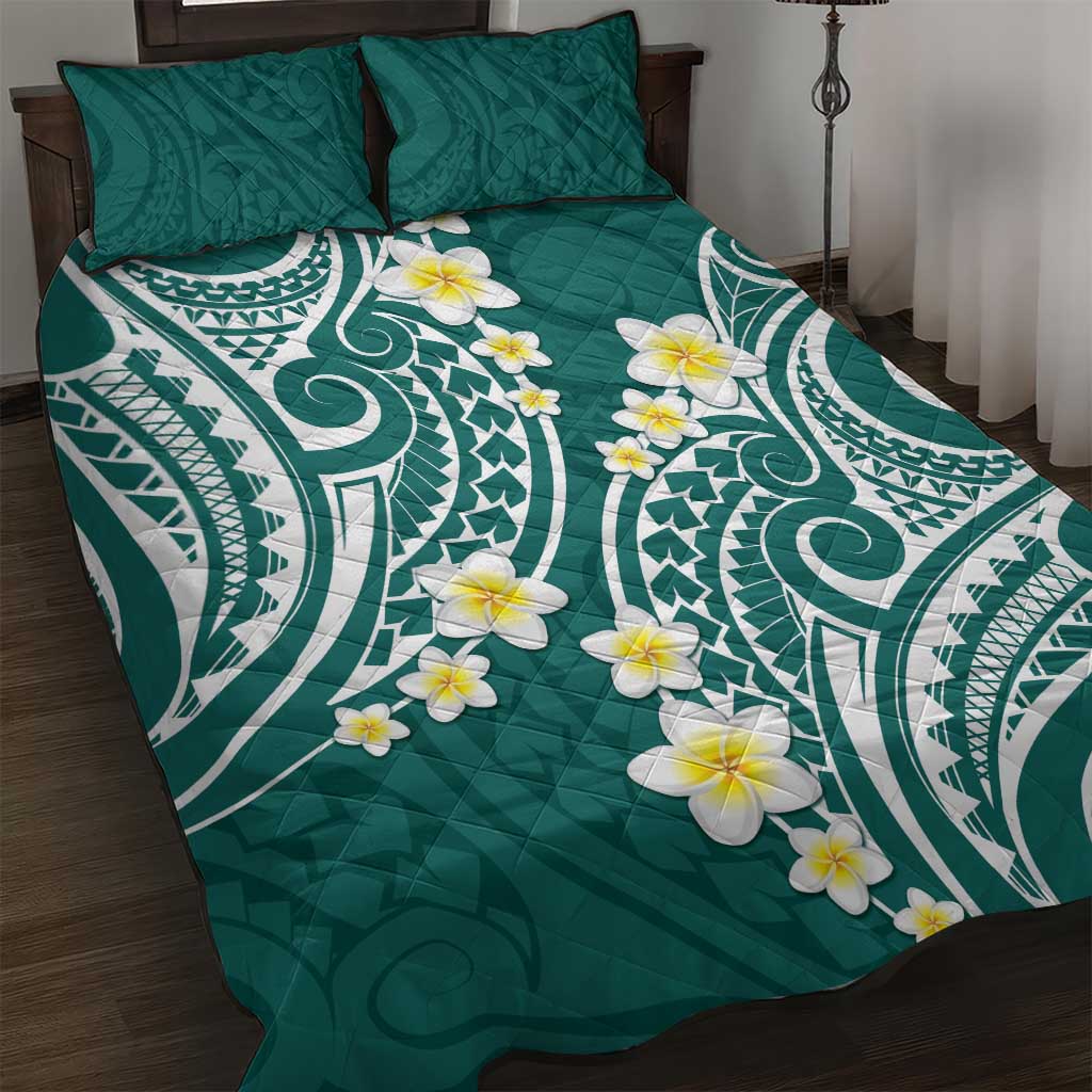 Plumeria With Teal Polynesian Tattoo Pattern Quilt Bed Set LT05 Teal - Polynesian Pride