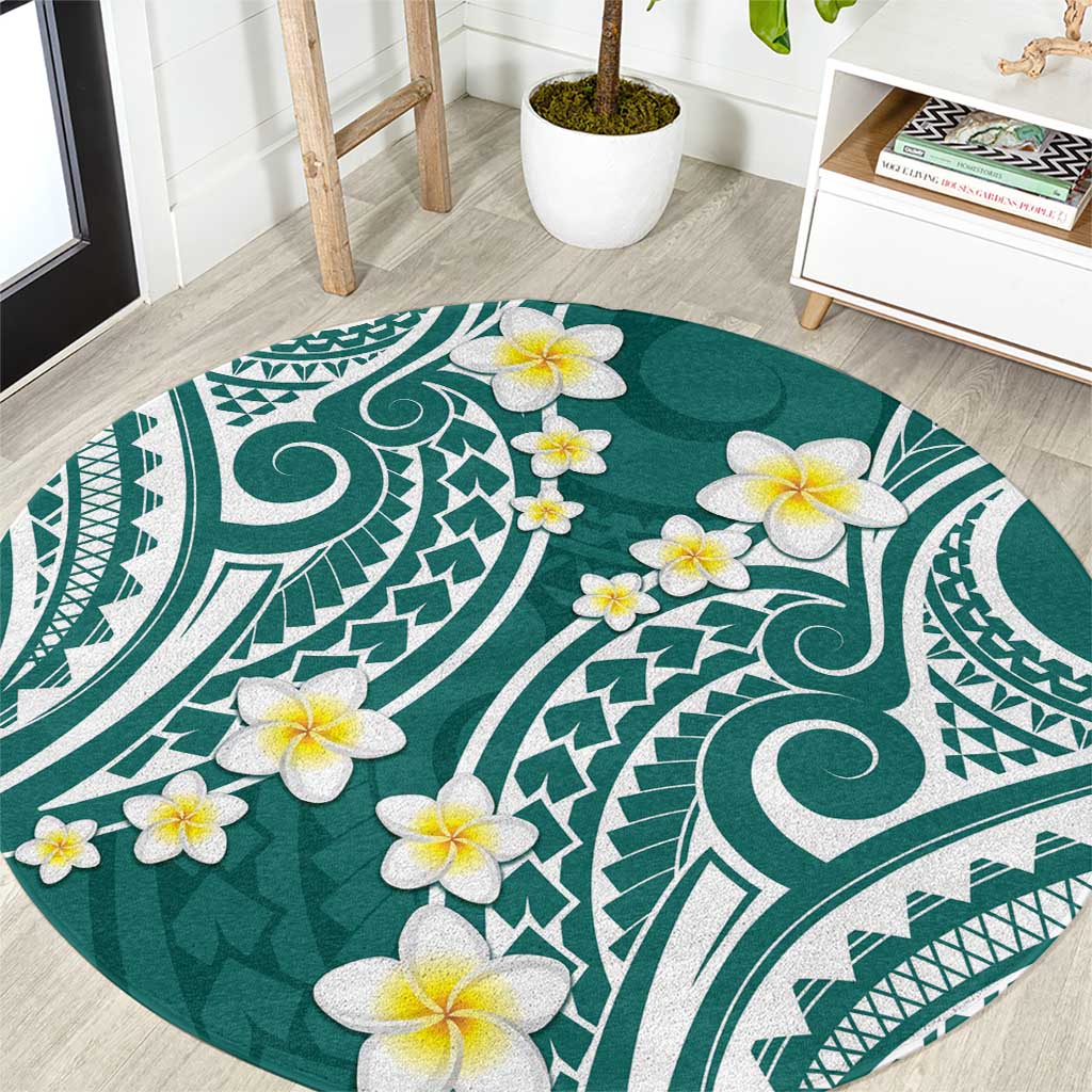 Plumeria With Teal Polynesian Tattoo Pattern Round Carpet LT05 Teal - Polynesian Pride