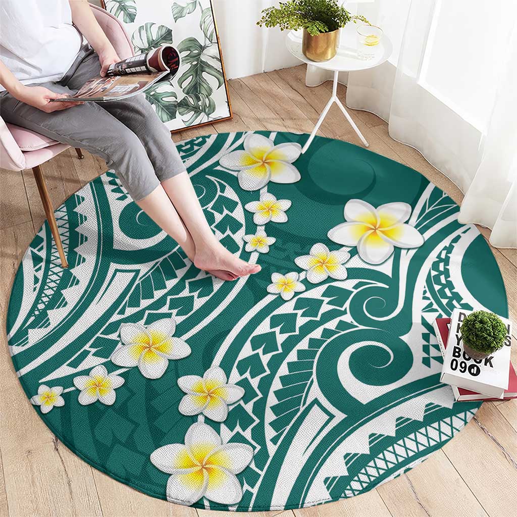 Plumeria With Teal Polynesian Tattoo Pattern Round Carpet LT05 - Polynesian Pride