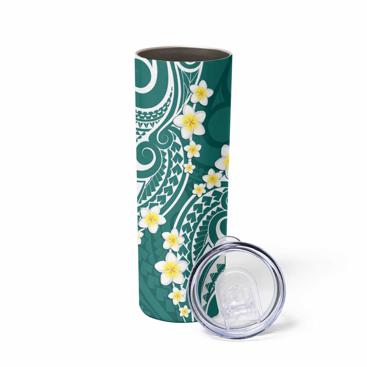 Plumeria With Teal Polynesian Tattoo Pattern Skinny Tumbler
