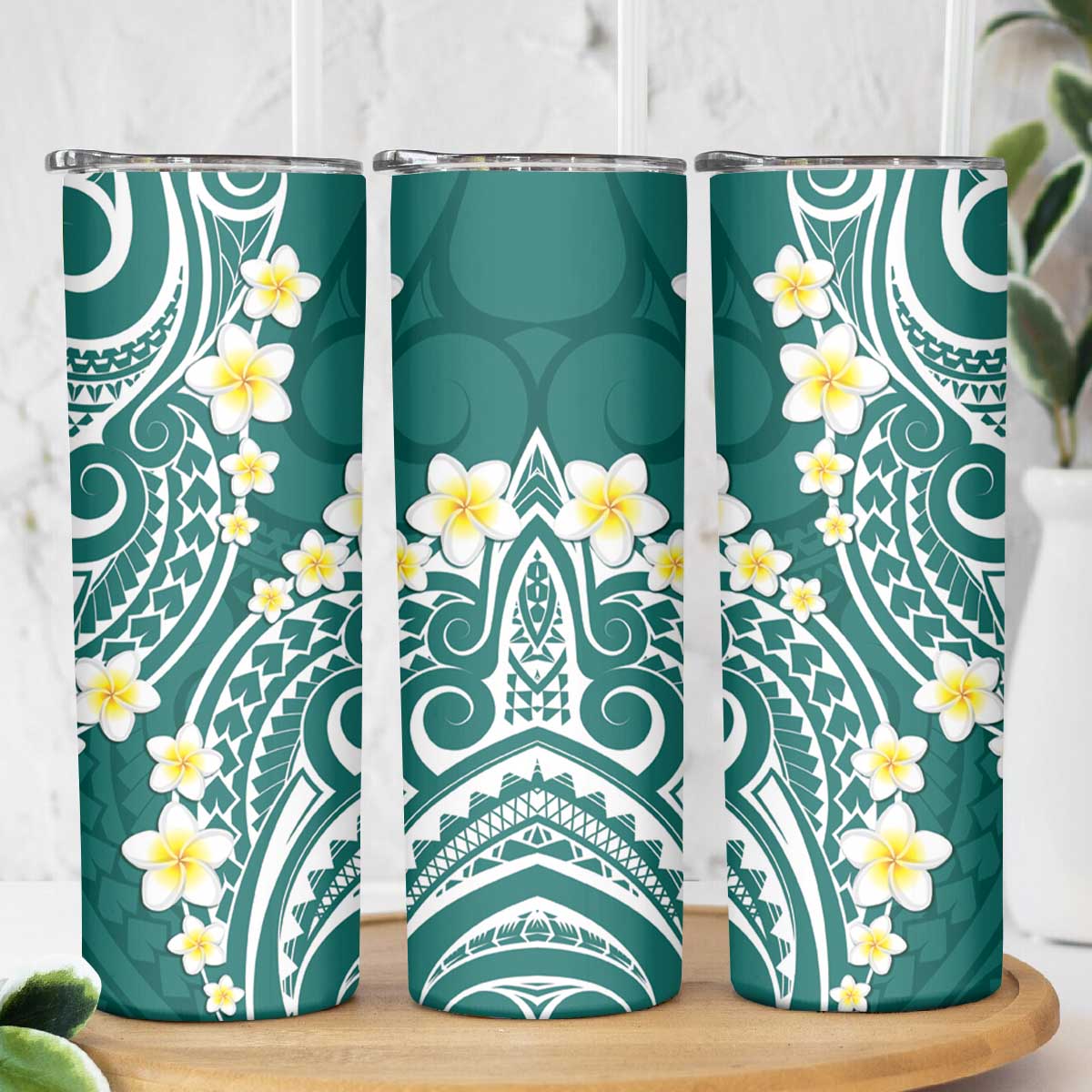 Plumeria With Teal Polynesian Tattoo Pattern Skinny Tumbler