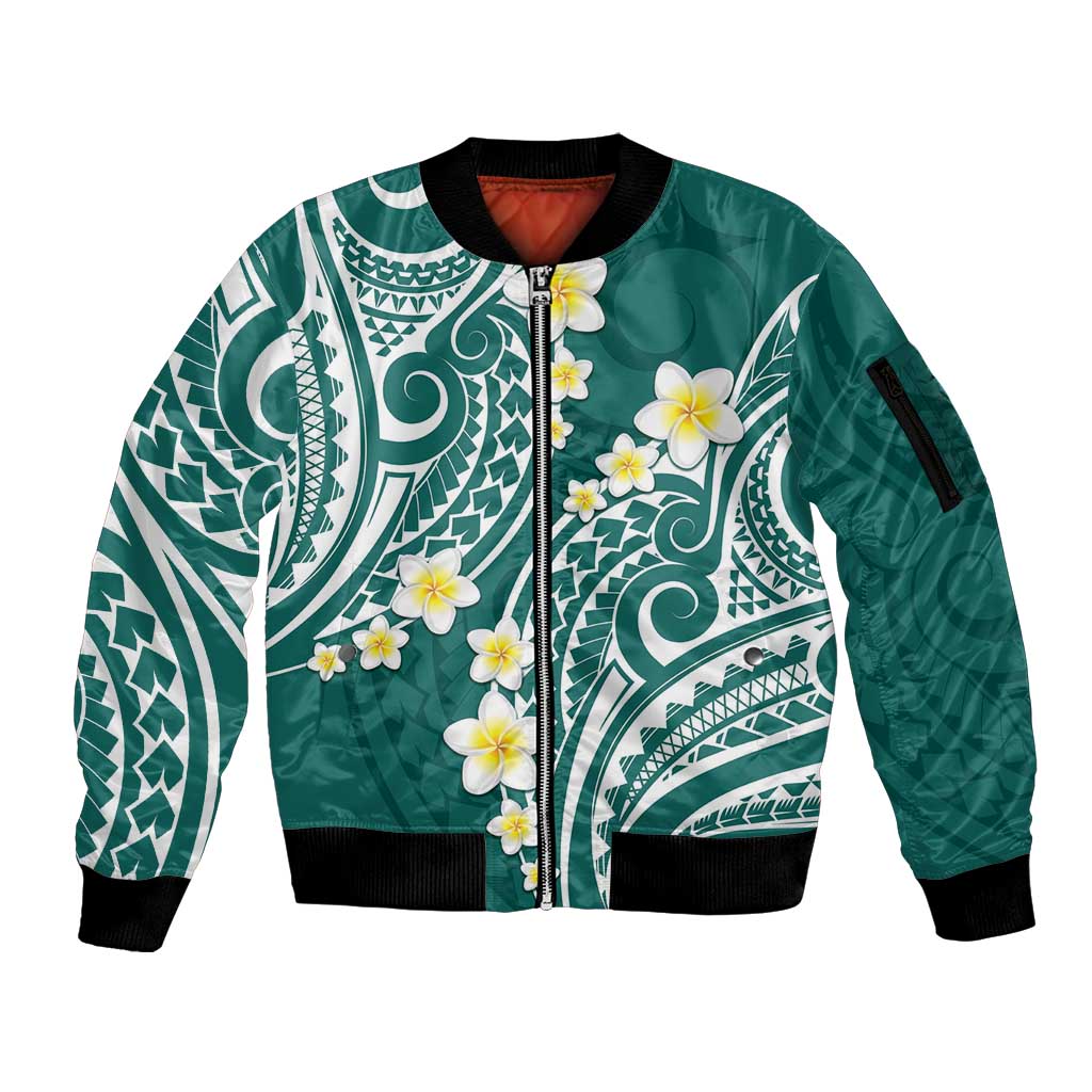 Plumeria With Teal Polynesian Tattoo Pattern Sleeve Zip Bomber Jacket LT05 Unisex Teal - Polynesian Pride