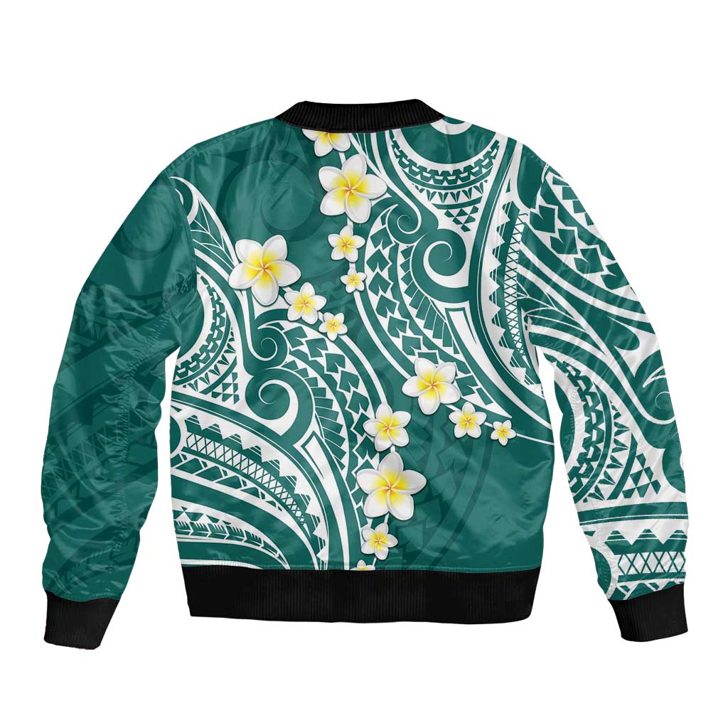 Plumeria With Teal Polynesian Tattoo Pattern Sleeve Zip Bomber Jacket