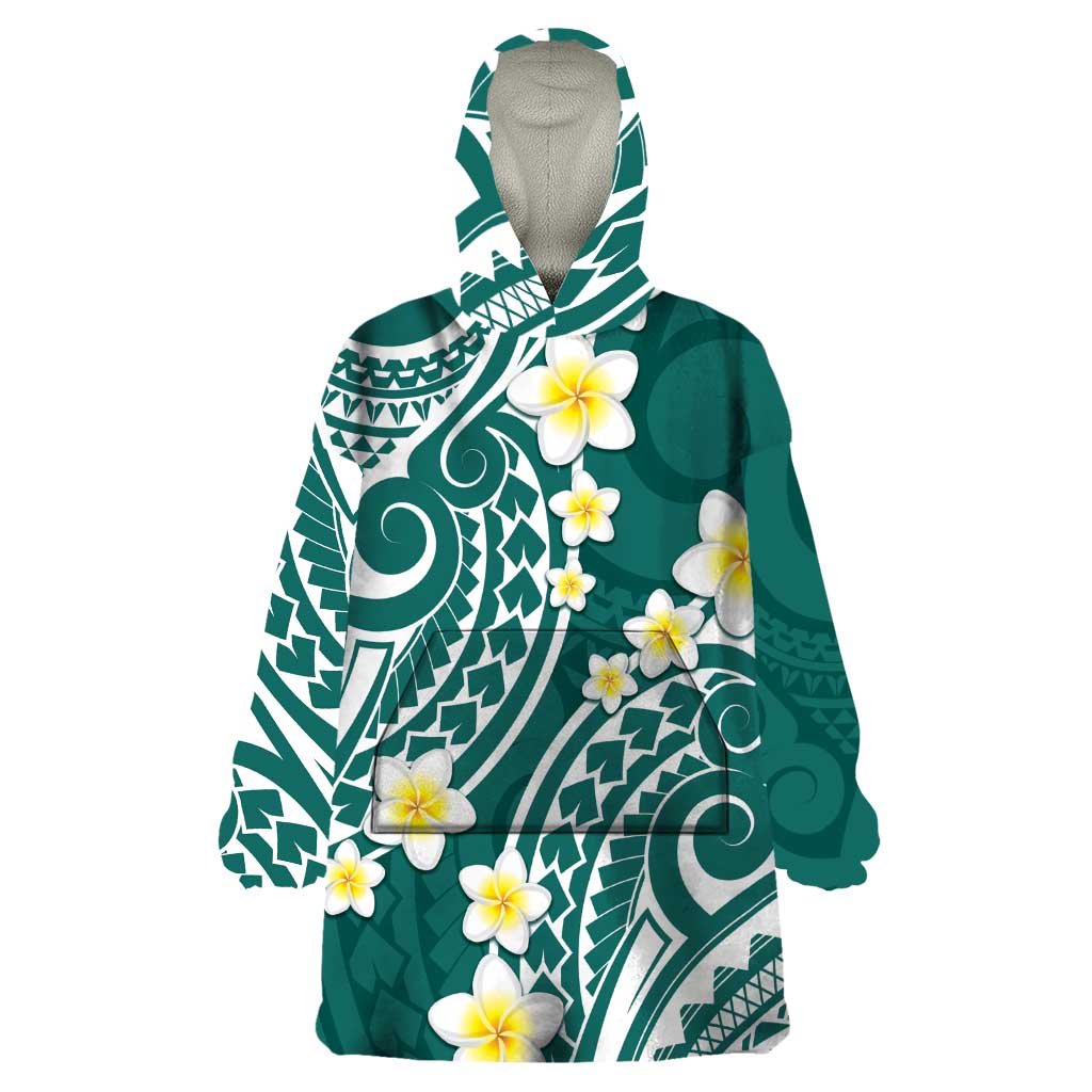 Plumeria With Teal Polynesian Tattoo Pattern Wearable Blanket Hoodie LT05 One Size Teal - Polynesian Pride