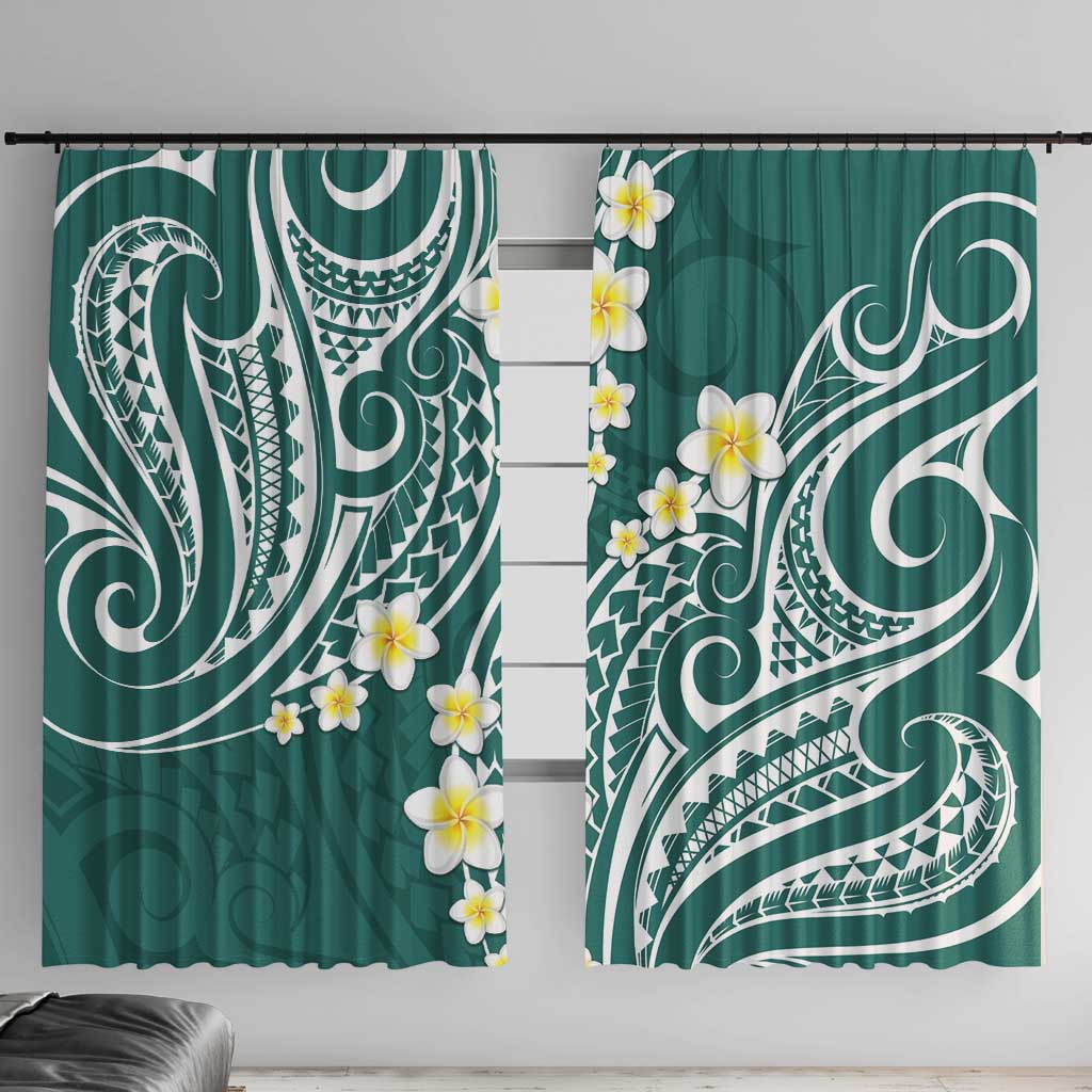 Plumeria With Teal Polynesian Tattoo Pattern Window Curtain LT05 With Hooks Teal - Polynesian Pride
