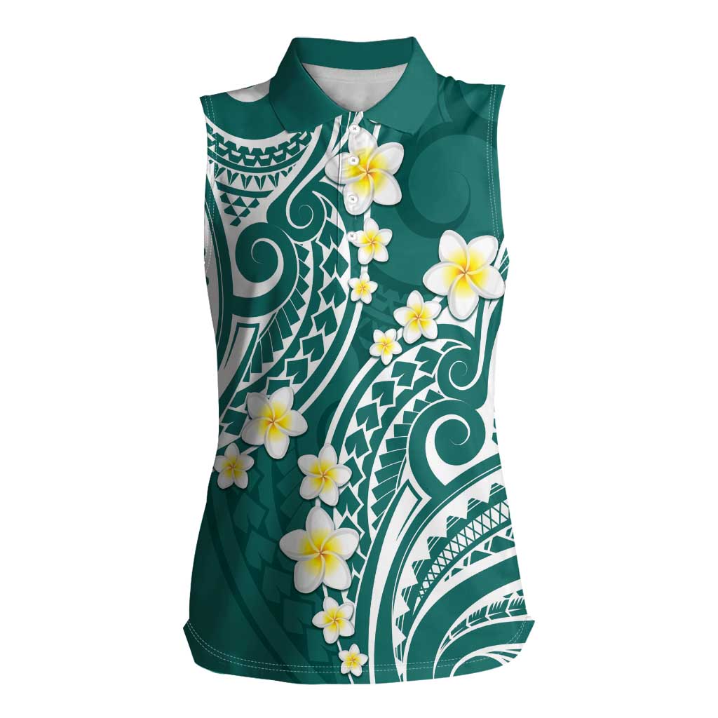 Plumeria With Teal Polynesian Tattoo Pattern Women Sleeveless Polo Shirt LT05 Female Teal - Polynesian Pride