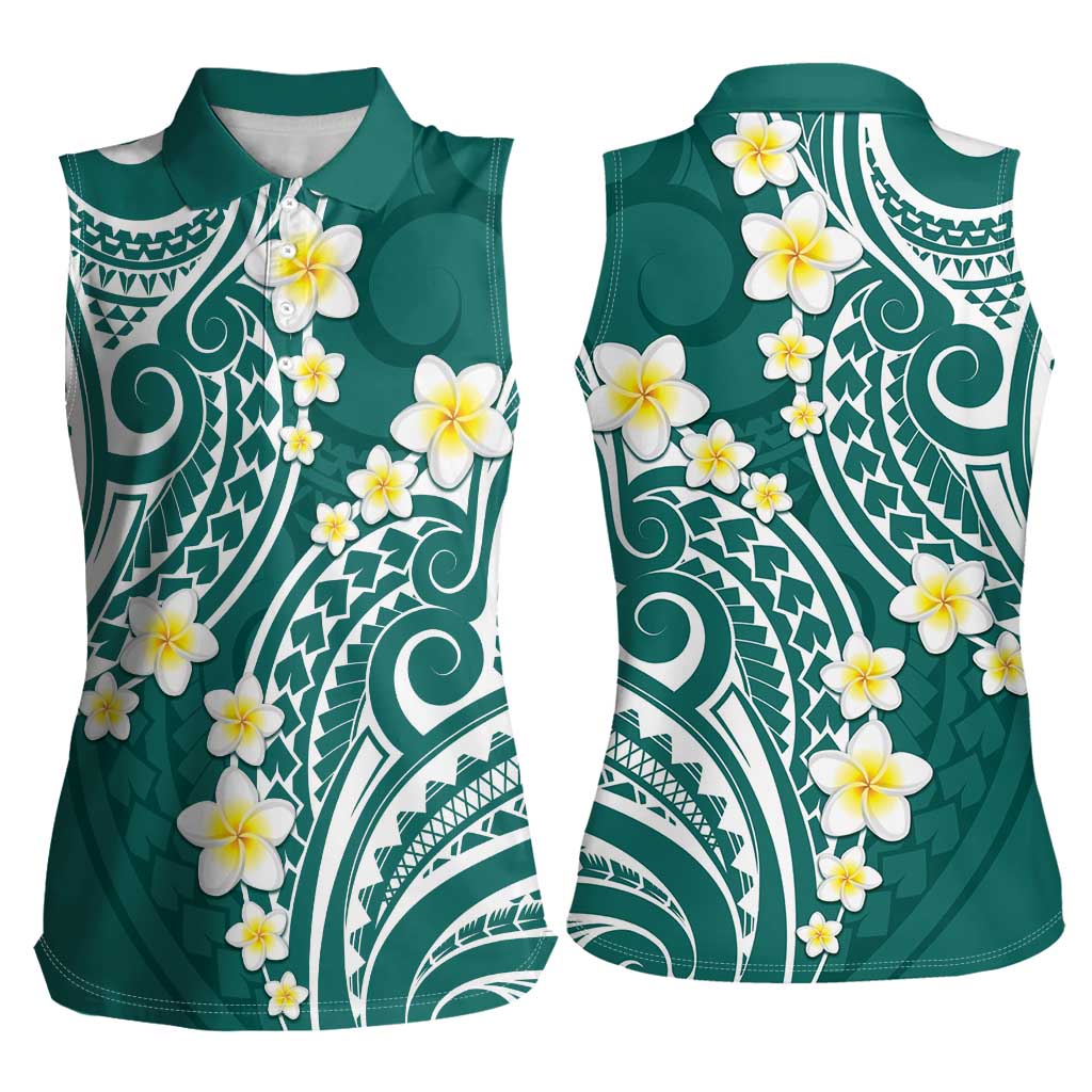 Plumeria With Teal Polynesian Tattoo Pattern Women Sleeveless Polo Shirt