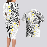 Plumeria With White Polynesian Tattoo Pattern Couples Matching Long Sleeve Bodycon Dress and Hawaiian Shirt