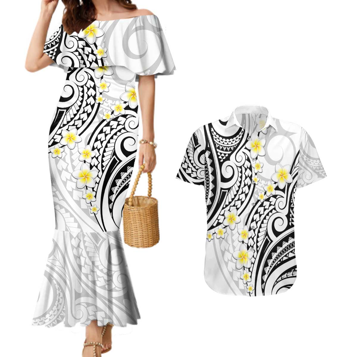 Plumeria With White Polynesian Tattoo Pattern Couples Matching Mermaid Dress and Hawaiian Shirt LT05 White - Polynesian Pride