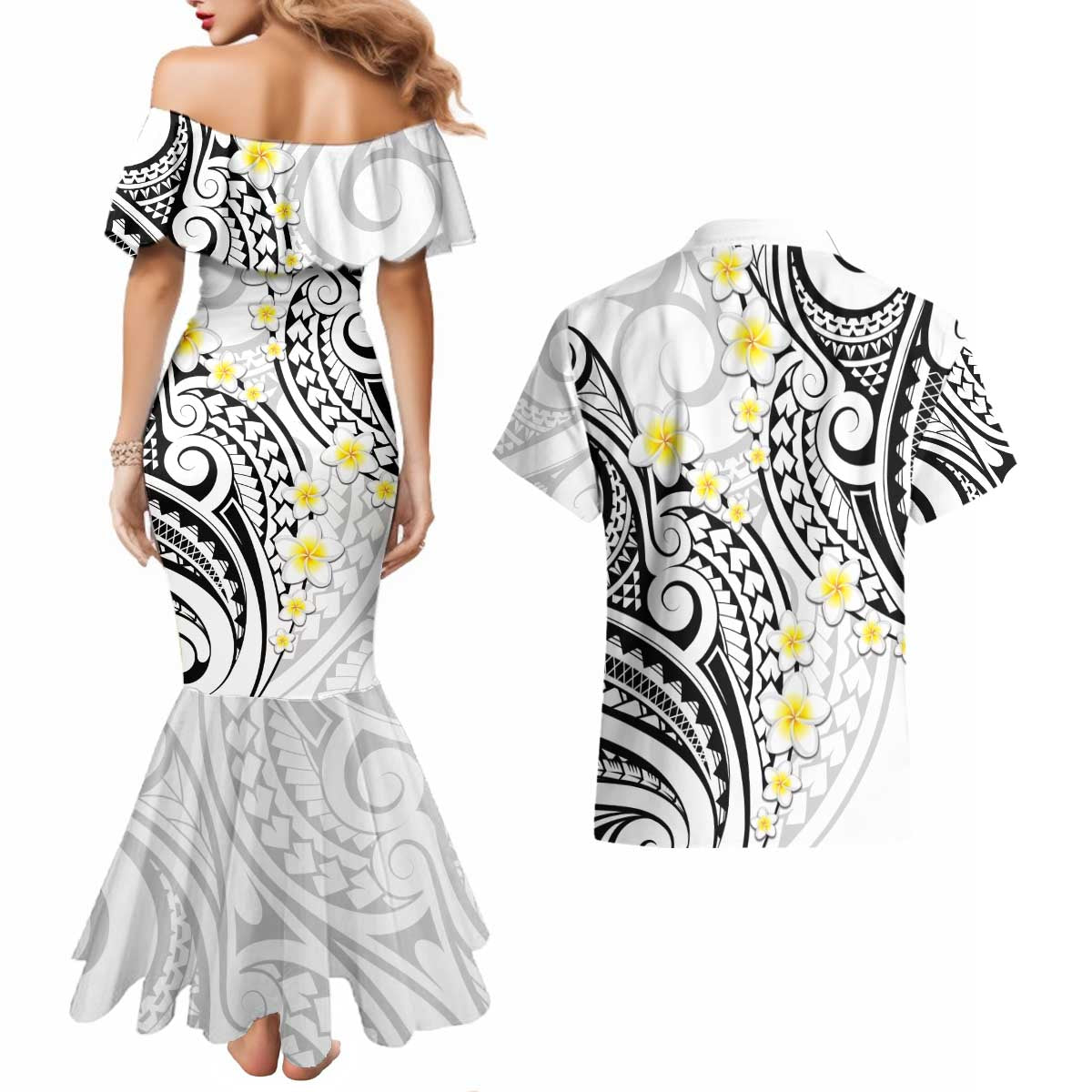 Plumeria With White Polynesian Tattoo Pattern Couples Matching Mermaid Dress and Hawaiian Shirt