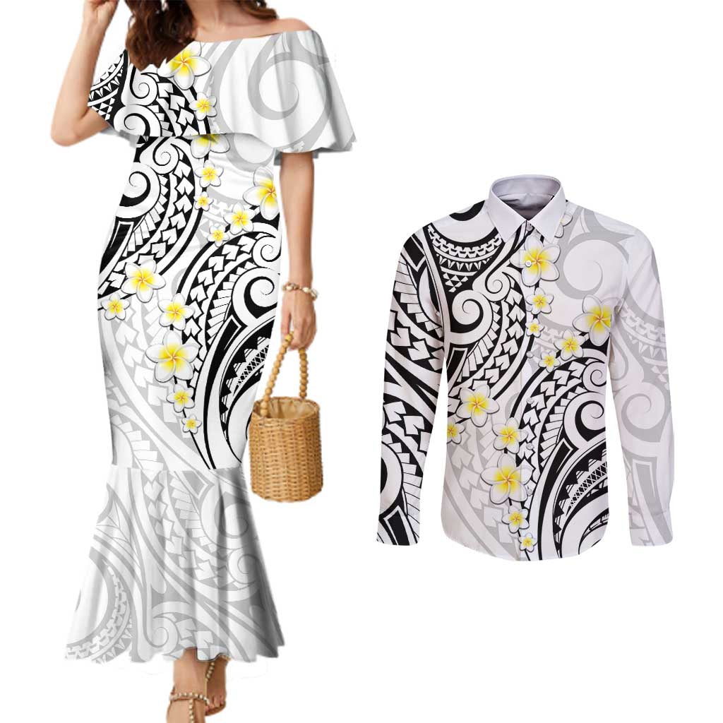 Plumeria With White Polynesian Tattoo Pattern Couples Matching Mermaid Dress and Long Sleeve Button Shirt