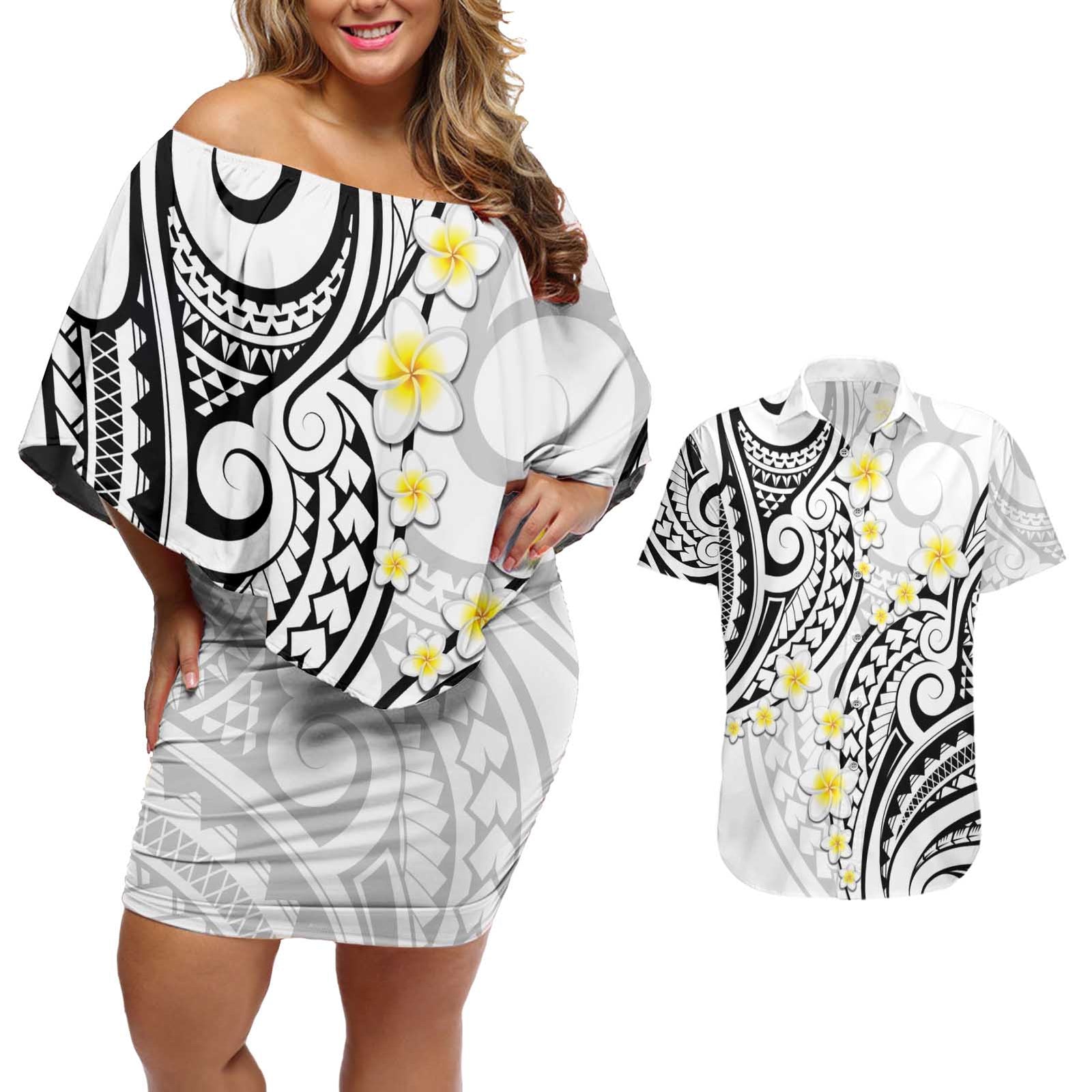 Plumeria With White Polynesian Tattoo Pattern Couples Matching Off Shoulder Short Dress and Hawaiian Shirt LT05 White - Polynesian Pride