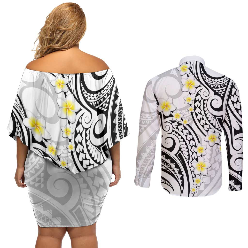 Plumeria With White Polynesian Tattoo Pattern Couples Matching Off Shoulder Short Dress and Long Sleeve Button Shirt