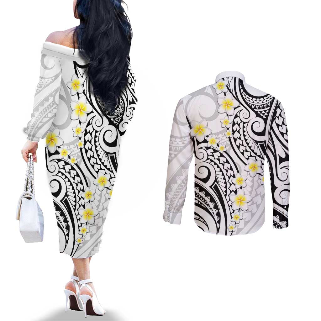 Plumeria With White Polynesian Tattoo Pattern Couples Matching Off The Shoulder Long Sleeve Dress and Long Sleeve Button Shirt