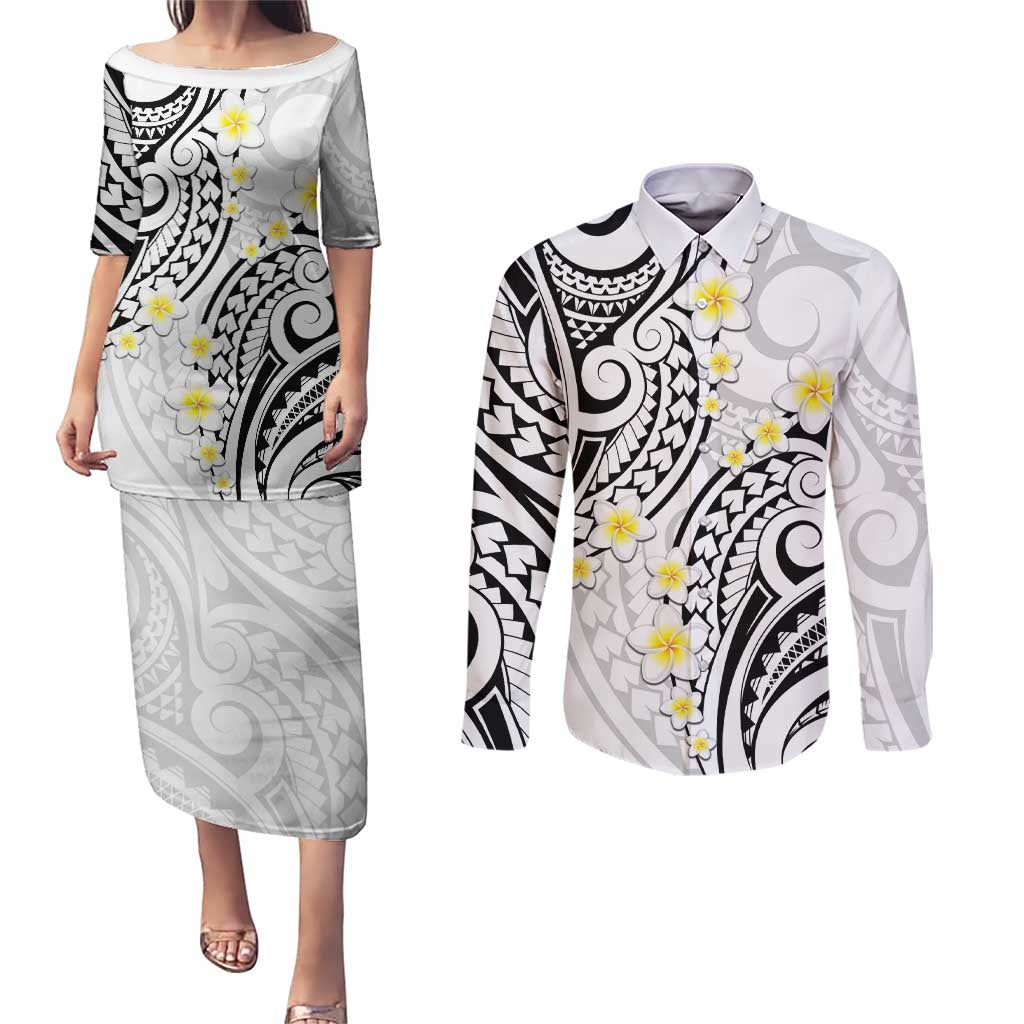 Plumeria With White Polynesian Tattoo Pattern Couples Matching Puletasi and Long Sleeve Button Shirt