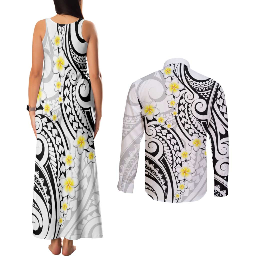 Plumeria With White Polynesian Tattoo Pattern Couples Matching Tank Maxi Dress and Long Sleeve Button Shirt
