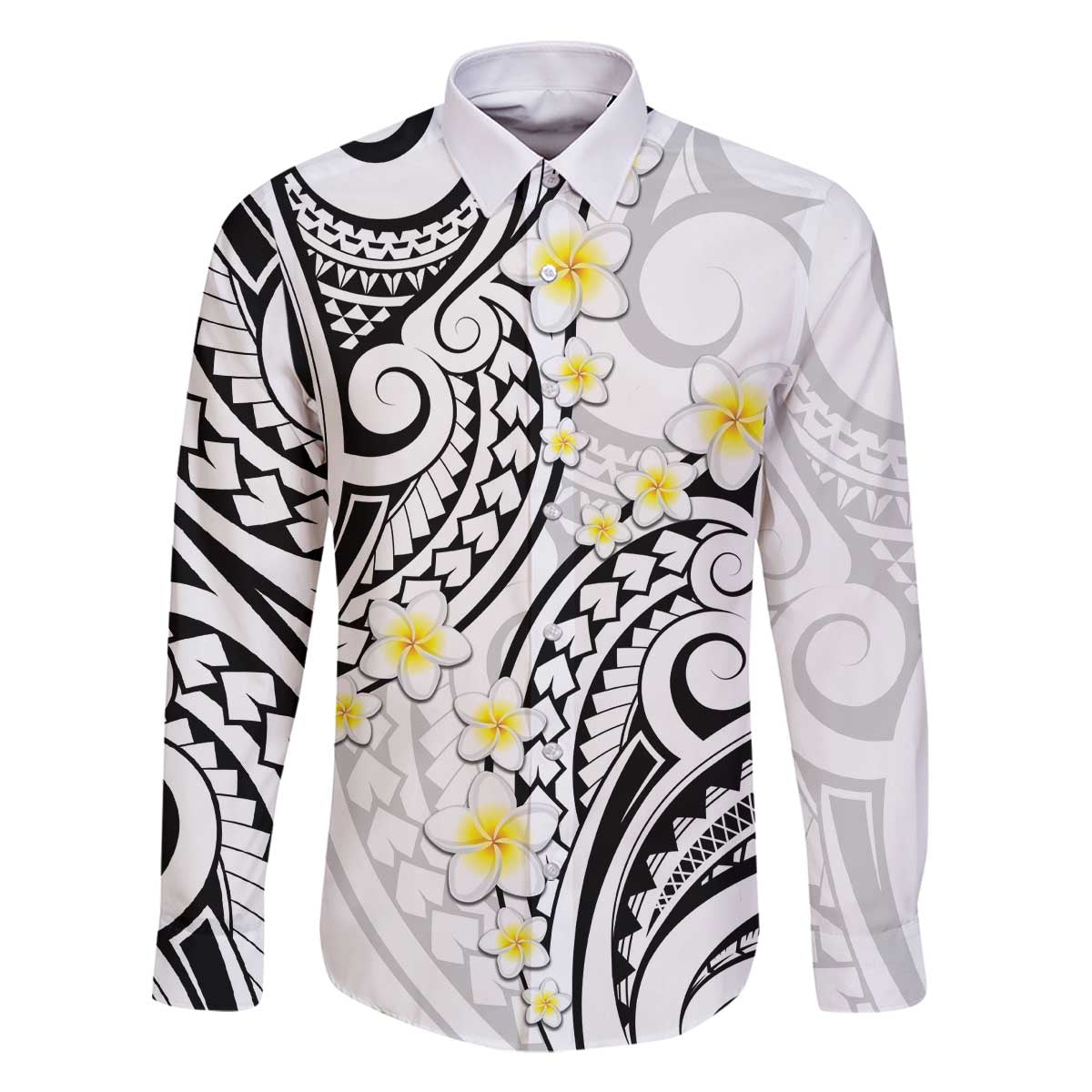 Plumeria With White Polynesian Tattoo Pattern Family Matching Off The Shoulder Long Sleeve Dress and Hawaiian Shirt LT05 Dad's Shirt - Long Sleeve White - Polynesian Pride