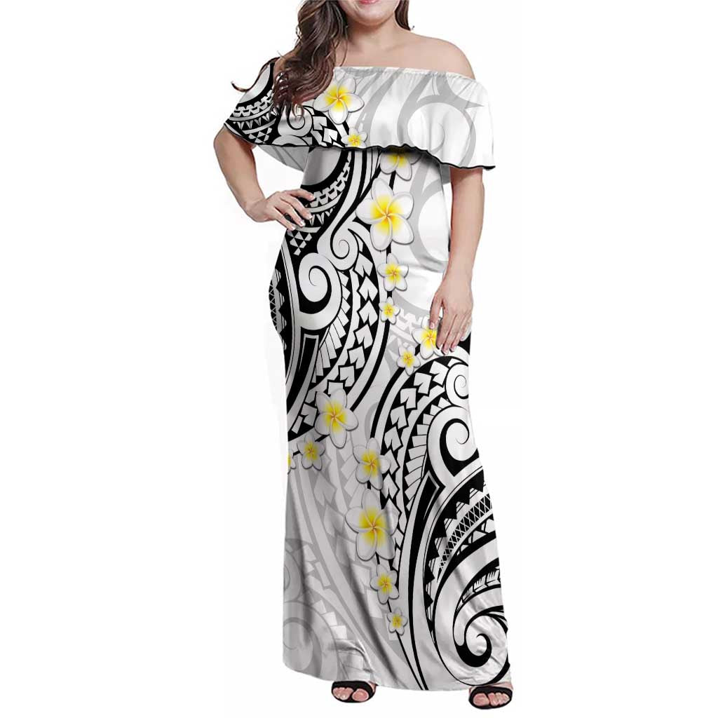 Plumeria With White Polynesian Tattoo Pattern Family Matching Off Shoulder Maxi Dress and Hawaiian Shirt