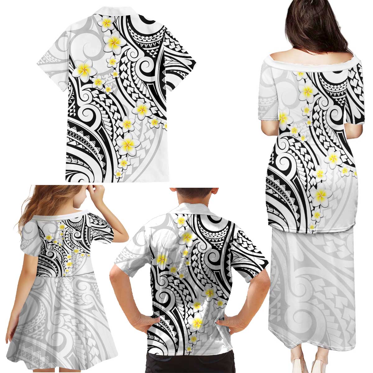 Plumeria With White Polynesian Tattoo Pattern Family Matching Puletasi and Hawaiian Shirt