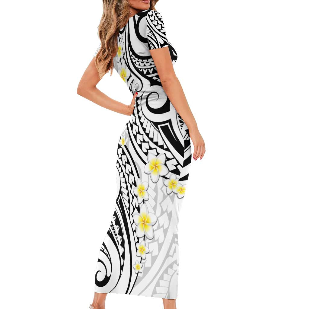 Plumeria With White Polynesian Tattoo Pattern Family Matching Short Sleeve Bodycon Dress and Hawaiian Shirt