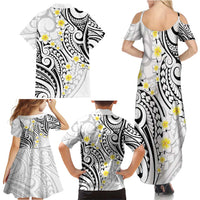 Plumeria With White Polynesian Tattoo Pattern Family Matching Summer Maxi Dress and Hawaiian Shirt