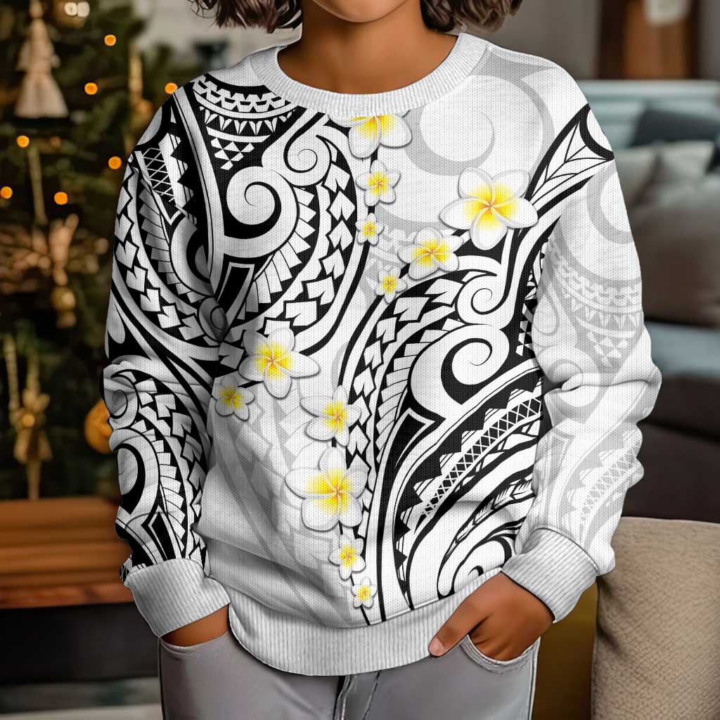 Plumeria With White Polynesian Tattoo Pattern Kid Ugly Christmas Sweater