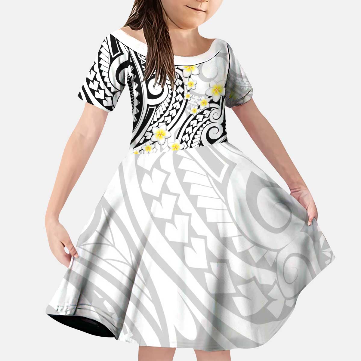 Plumeria With White Polynesian Tattoo Pattern Kid Short Sleeve Dress
