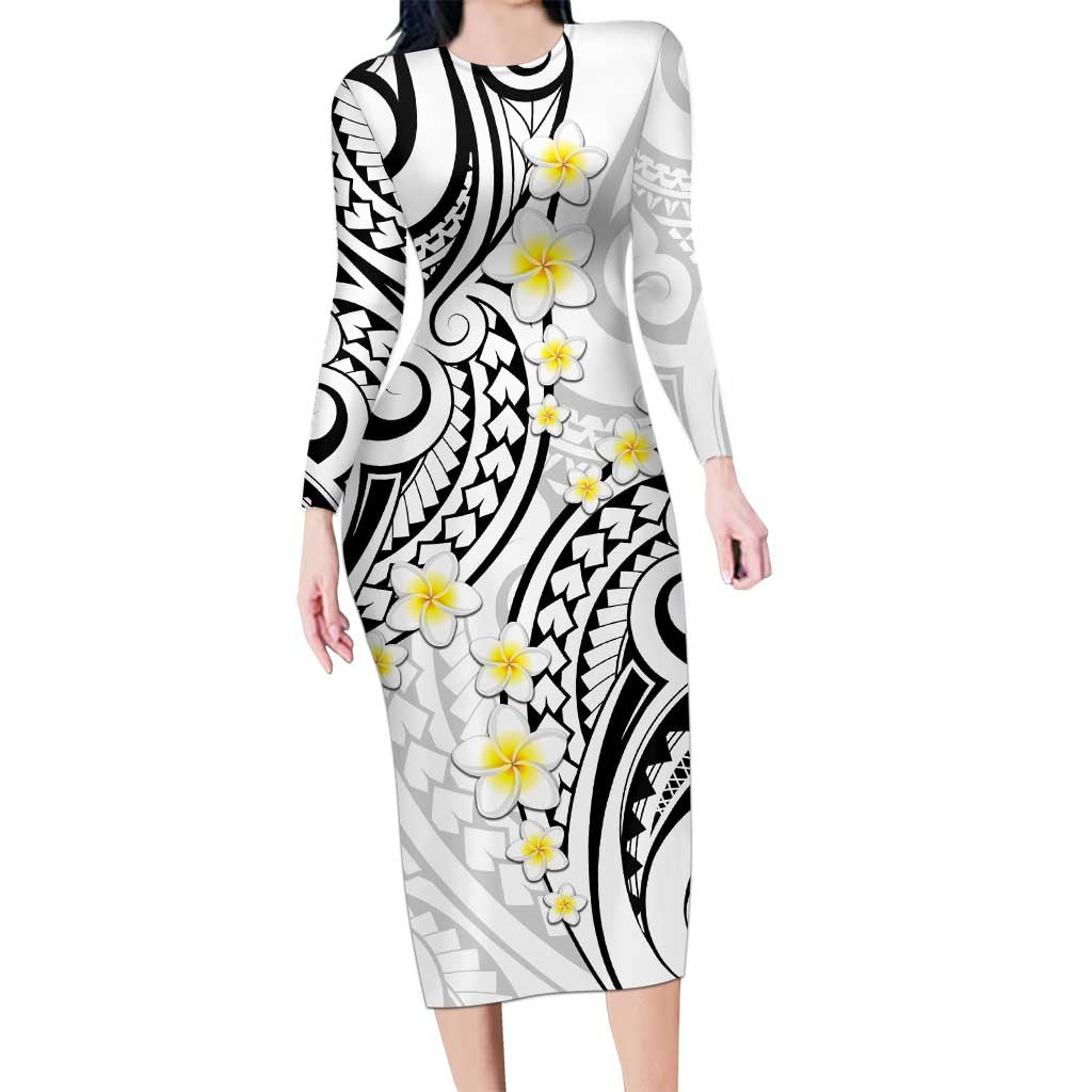 tattoo print bodycon dress Plumeria With White Polynesian Tattoo Pattern Long Sleeve Bodycon Dres