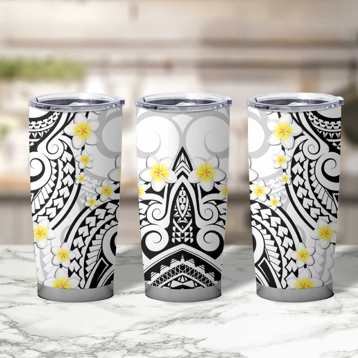 Plumeria With White Polynesian Tattoo Pattern Tumbler Cup