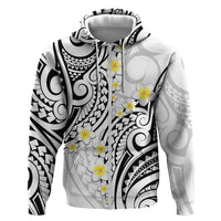 Plumeria With White Polynesian Tattoo Pattern Zip Hoodie LT05 Zip Hoodie White - Polynesian Pride