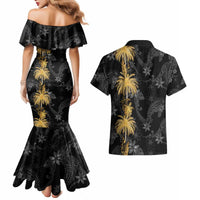 Hawaiian Honu And Surfboards Couples Matching Mermaid Dress and Hawaiian Shirt Gold Style - Polynesian Pride