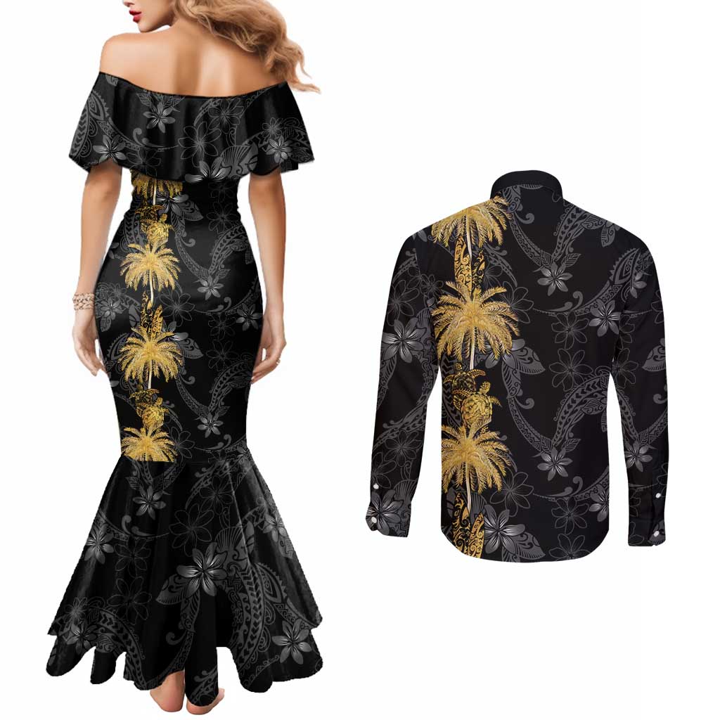 Hawaiian Honu And Surfboards Couples Matching Mermaid Dress and Long Sleeve Button Shirt Gold Style - Polynesian Pride