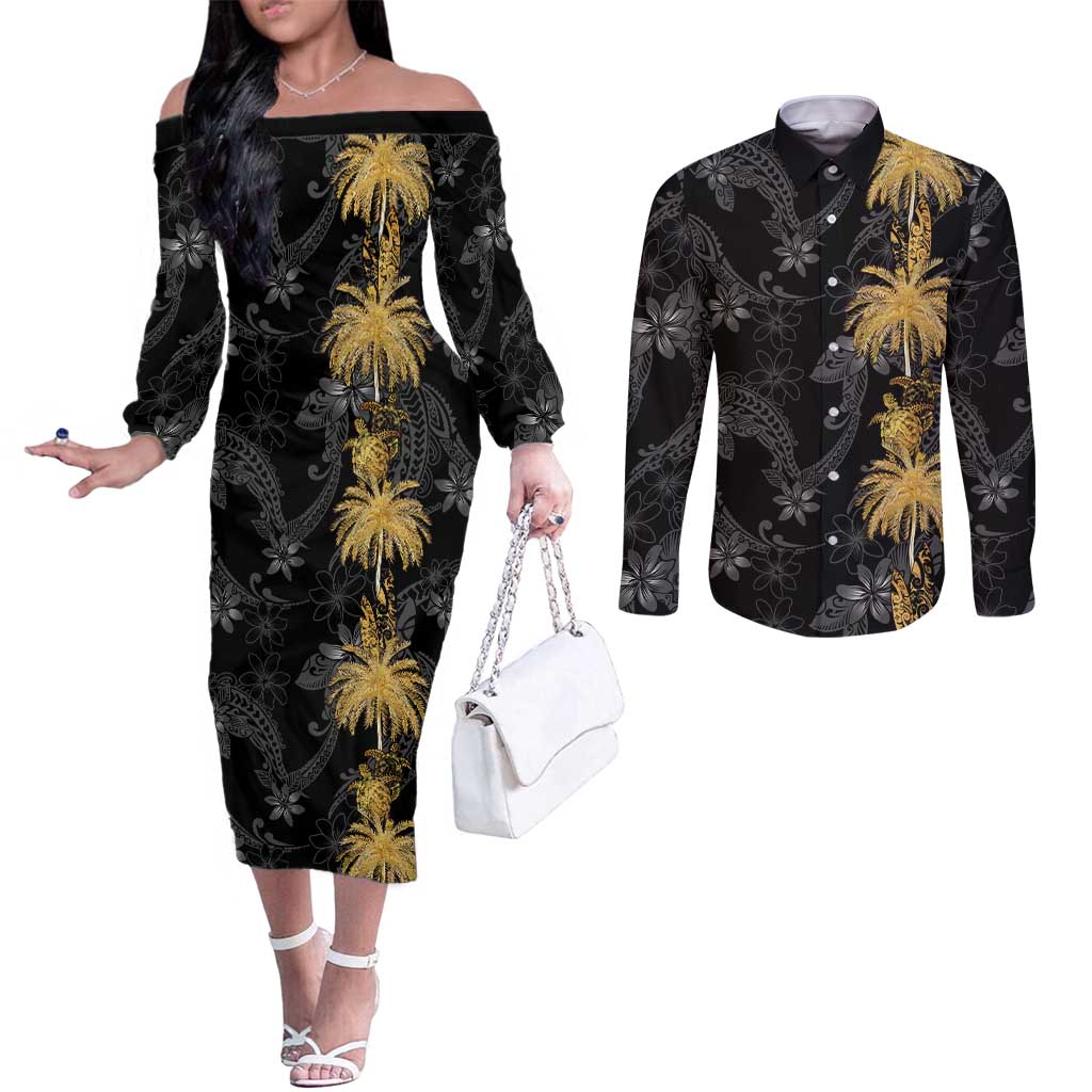 Hawaiian Honu And Surfboards Couples Matching Off The Shoulder Long Sleeve Dress and Long Sleeve Button Shirt Gold Style - Polynesian Pride