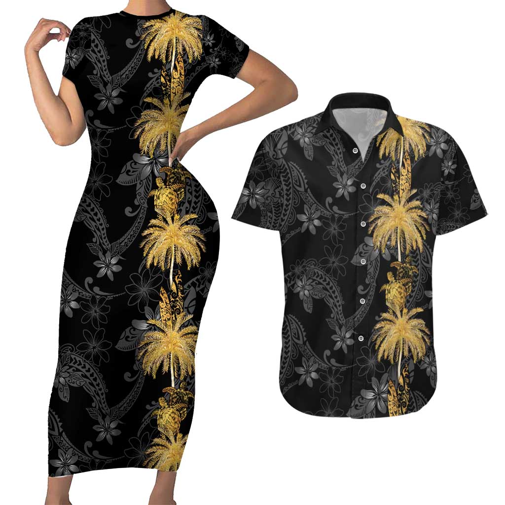 Hawaiian Honu And Surfboards Couples Matching Short Sleeve Bodycon Dress and Hawaiian Shirt Gold Style - Polynesian Pride