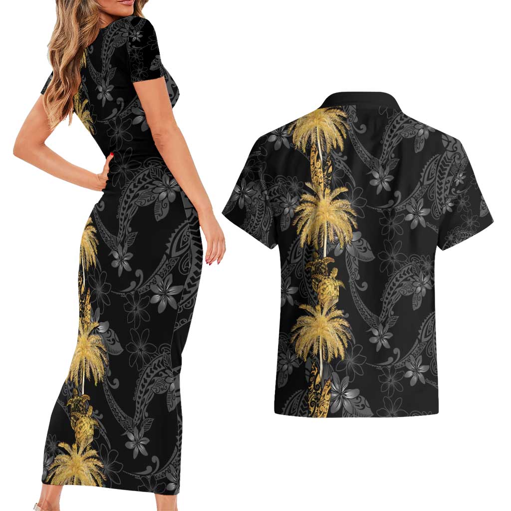 Hawaiian Honu And Surfboards Couples Matching Short Sleeve Bodycon Dress and Hawaiian Shirt Gold Style - Polynesian Pride