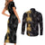 Hawaiian Honu And Surfboards Couples Matching Short Sleeve Bodycon Dress and Long Sleeve Button Shirt Gold Style - Polynesian Pride